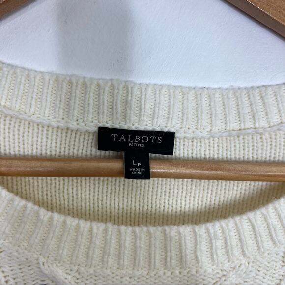 Talbots Ivory Cableknit Floral Embroidered Pom Pom Sweater Size LP - Picture 10 of 12